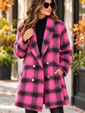 Davi & Dani Pink Black Plaid Fuzzy Wool Blend Double Breasted Coat M